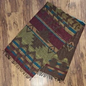 Aztec Blanket Scarf Western Tribal Pattern Fringe Cabincore Brown Magenta Womens